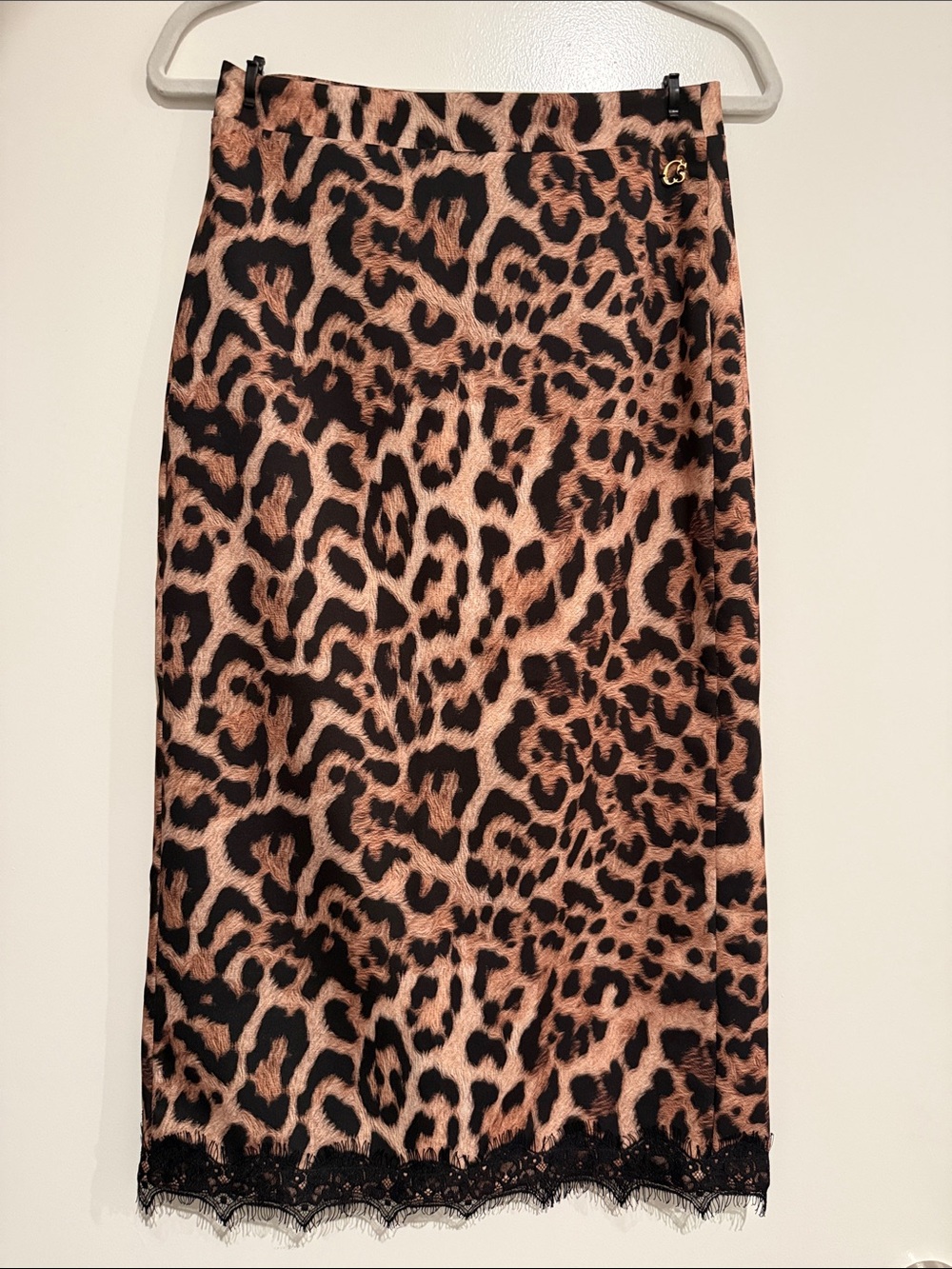 Leopard Print Midi Skirt with Black Lace Trim